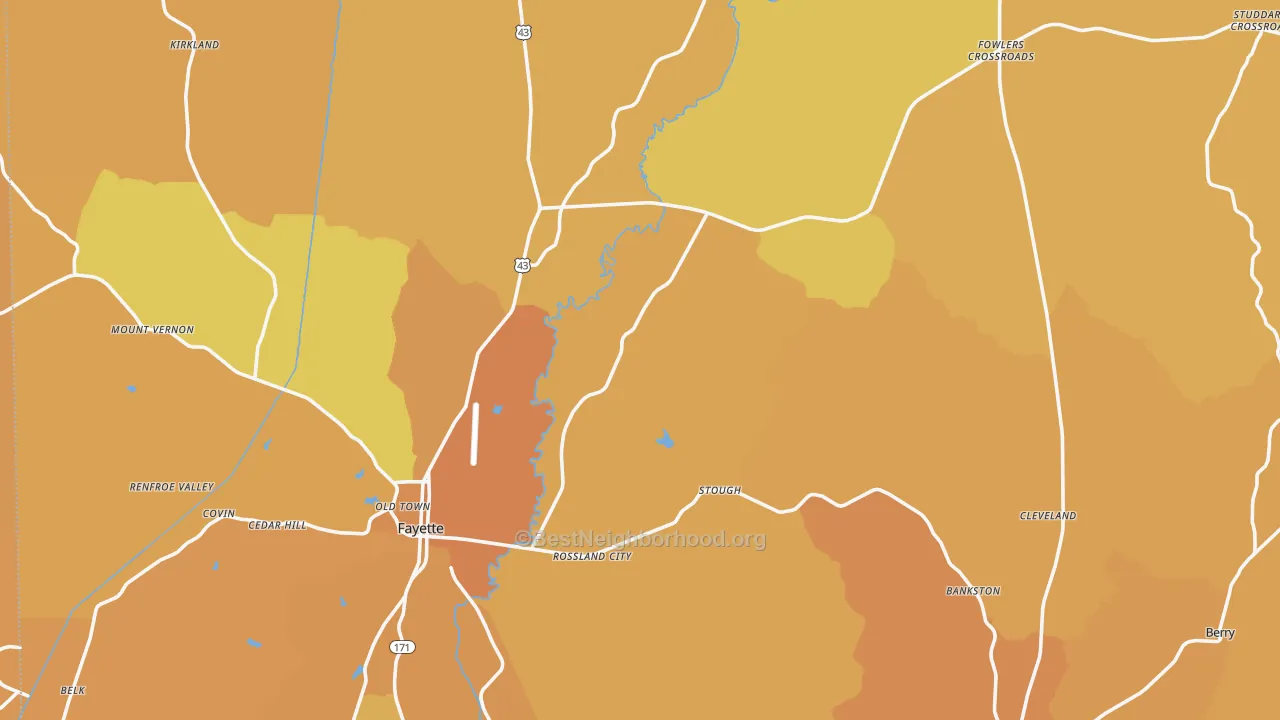 Map of the best neighborhoods in the Fayette County area, with better matches in green and worse matches in red