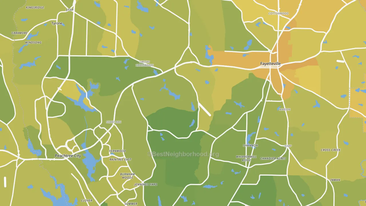 Map of the best neighborhoods in the Fayette County area, with better matches in green and worse matches in red