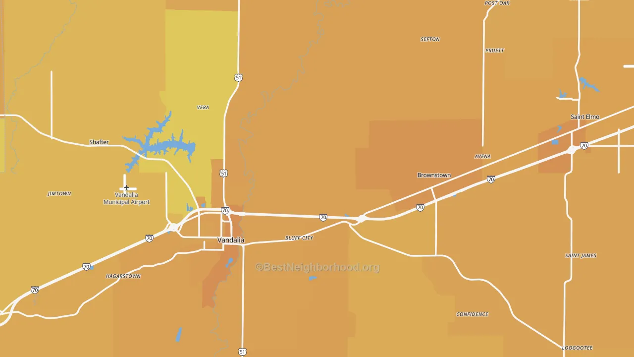 Map of the best neighborhoods in the Fayette County area, with better matches in green and worse matches in red