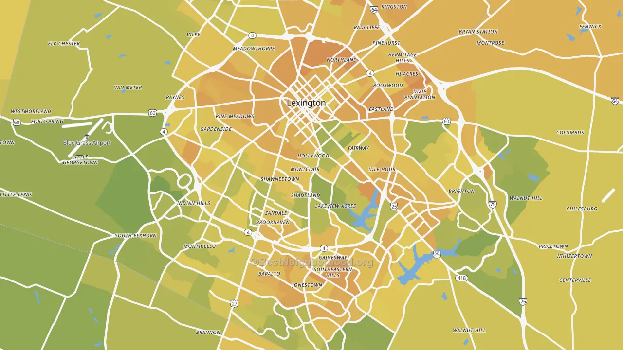 Map of the best neighborhoods in the Fayette County area, with better matches in green and worse matches in red