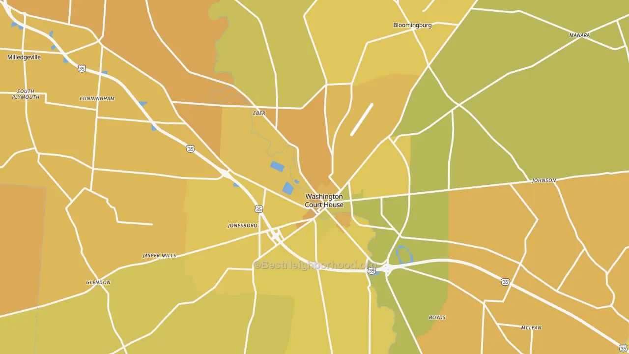 Map of the best neighborhoods in the Fayette County area, with better matches in green and worse matches in red