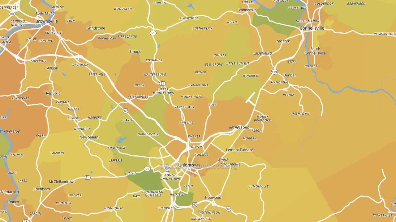 Map of the best neighborhoods in the Fayette County area, with better matches in green and worse matches in red