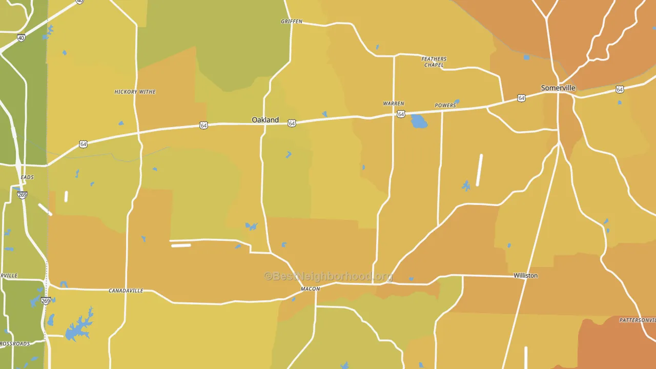Map of the best neighborhoods in the Fayette County area, with better matches in green and worse matches in red