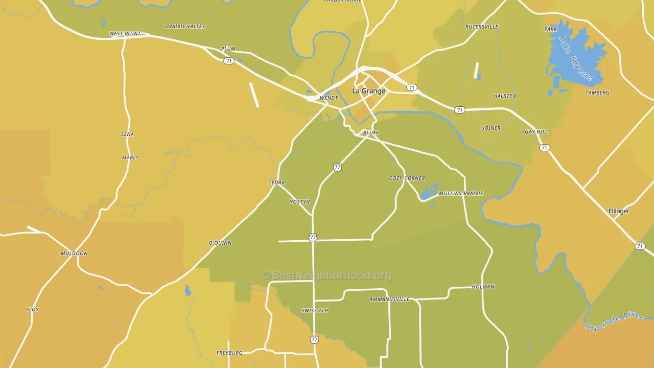 Map of the best neighborhoods in the Fayette County area, with better matches in green and worse matches in red