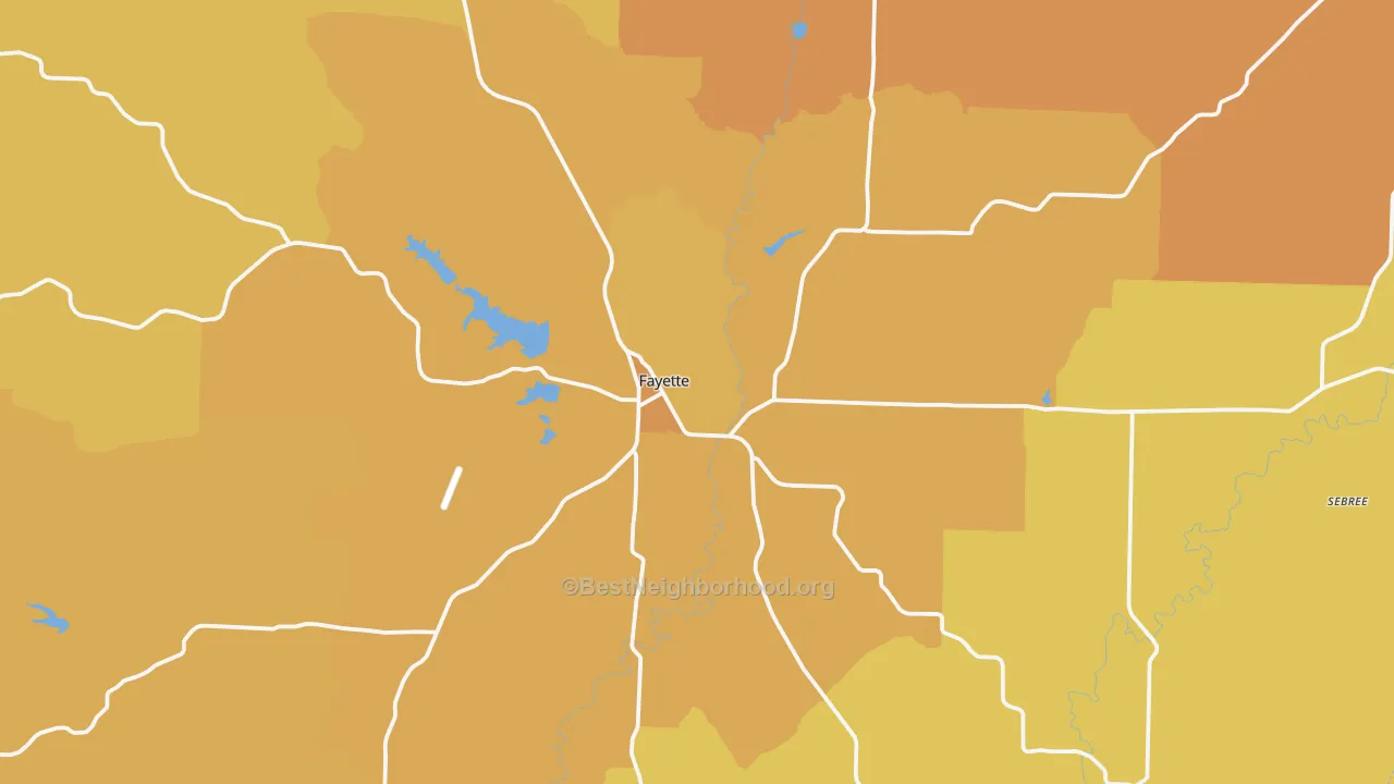 Map of the best neighborhoods in the Fayette area, with better matches in green and worse matches in red