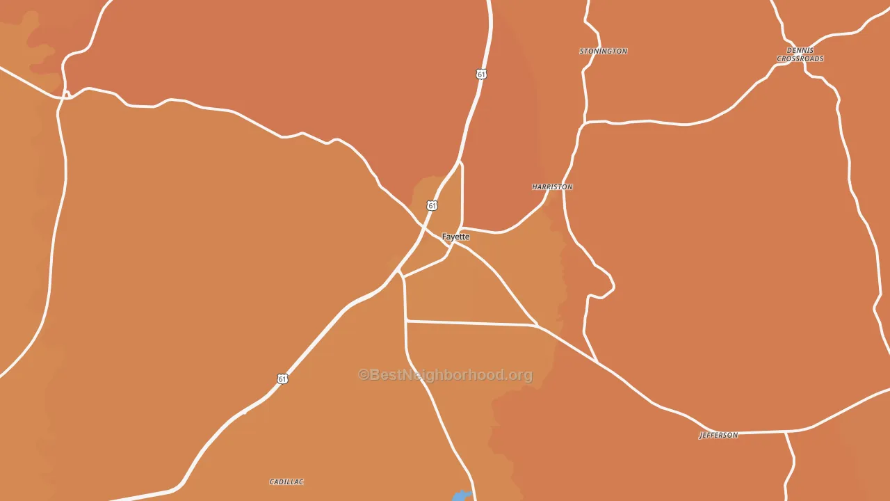 Map of the best neighborhoods in the Fayette area, with better matches in green and worse matches in red
