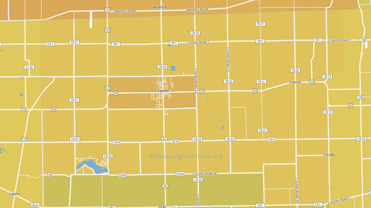 Map of the best neighborhoods in the Fayette area, with better matches in green and worse matches in red