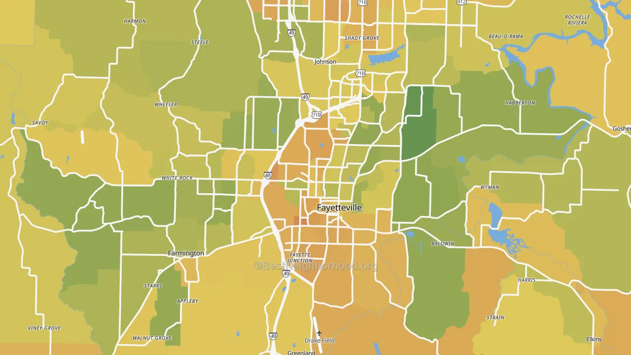 Map of the best neighborhoods in the Fayetteville Metro area, with better matches in green and worse matches in red