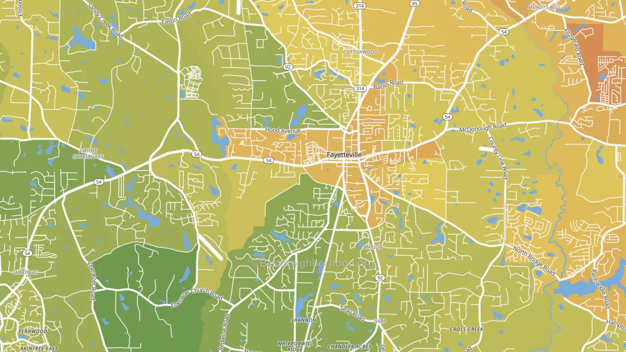 Map of the best neighborhoods in the Fayetteville area, with better matches in green and worse matches in red