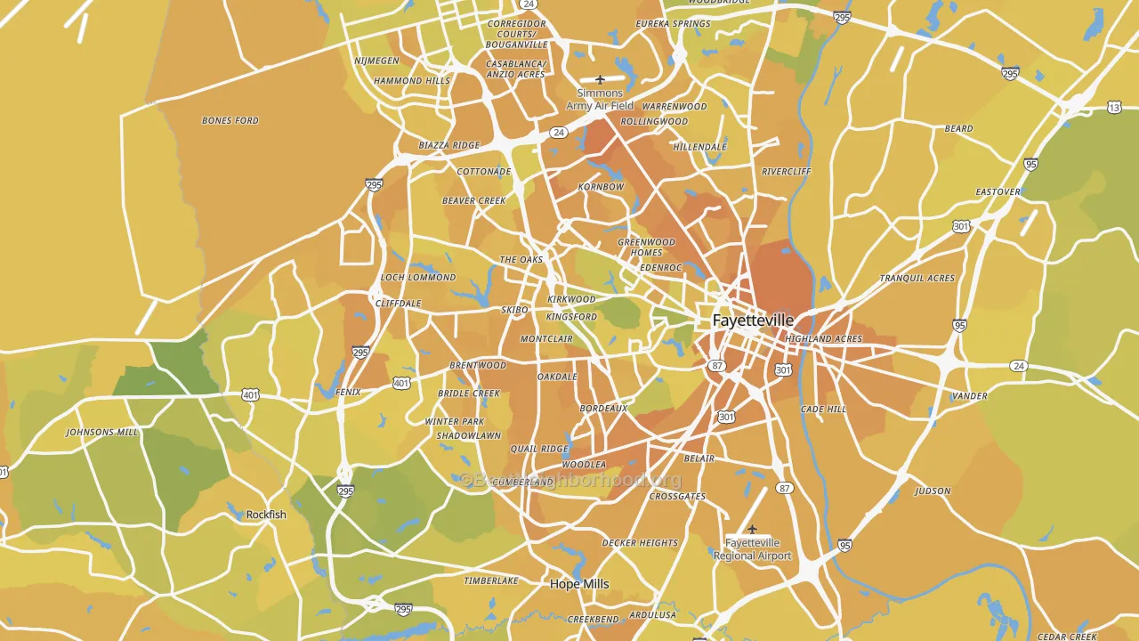 Map of the best neighborhoods in the Fayetteville Metro area, with better matches in green and worse matches in red