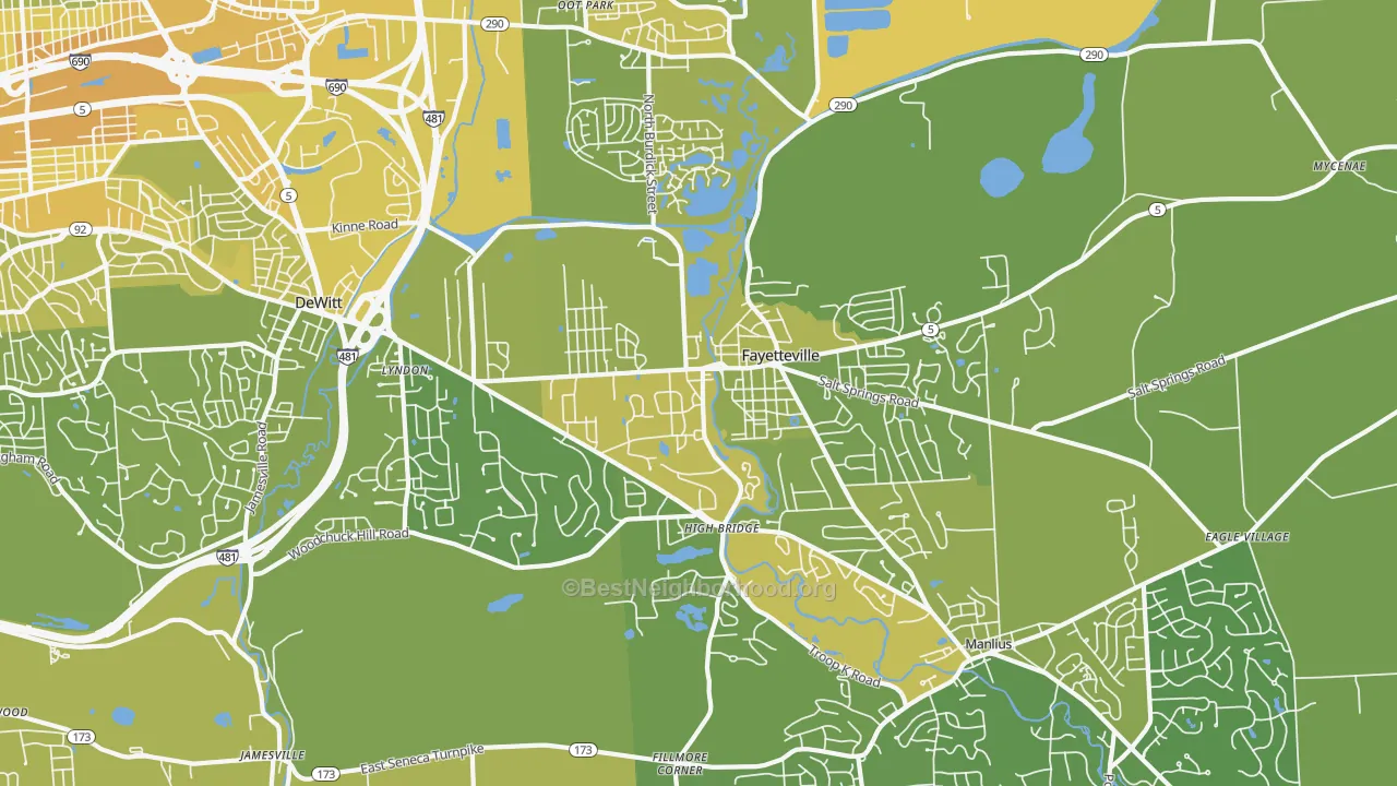 Map of the best neighborhoods in the Fayetteville area, with better matches in green and worse matches in red