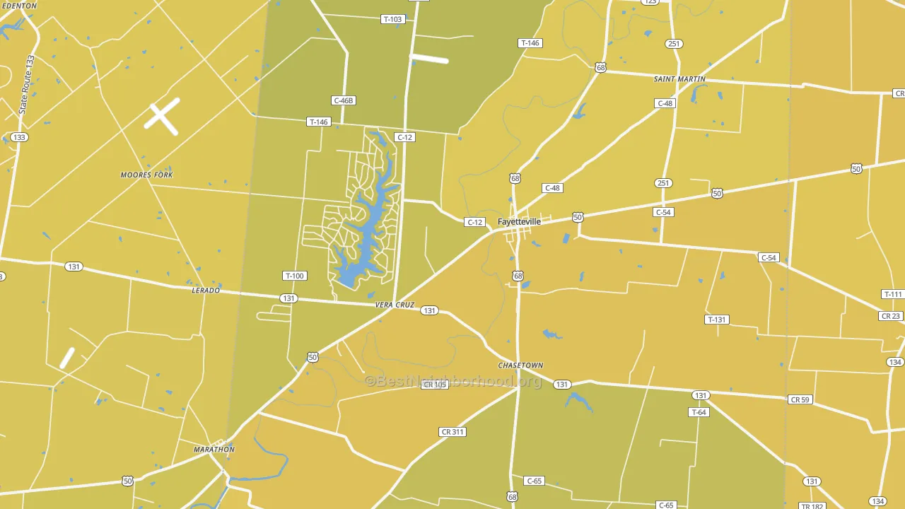 Map of the best neighborhoods in the Fayetteville area, with better matches in green and worse matches in red