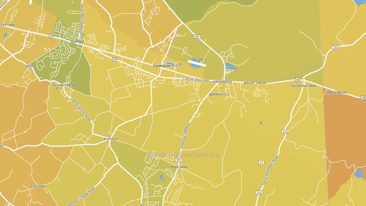 Map of the best neighborhoods in the Fayetteville area, with better matches in green and worse matches in red