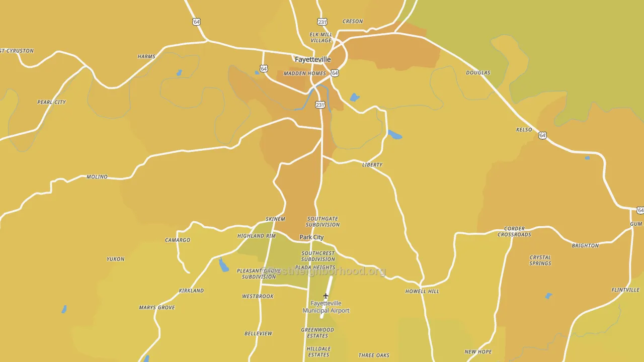 Map of the best neighborhoods in the Fayetteville area, with better matches in green and worse matches in red