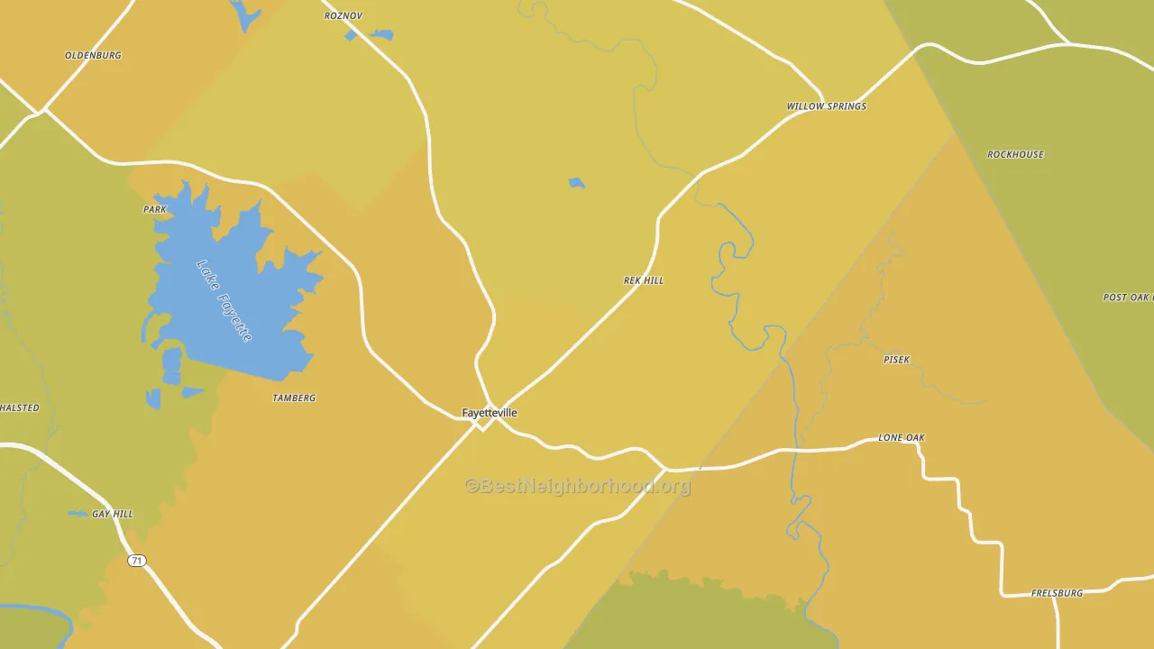 Map of the best neighborhoods in the Fayetteville area, with better matches in green and worse matches in red