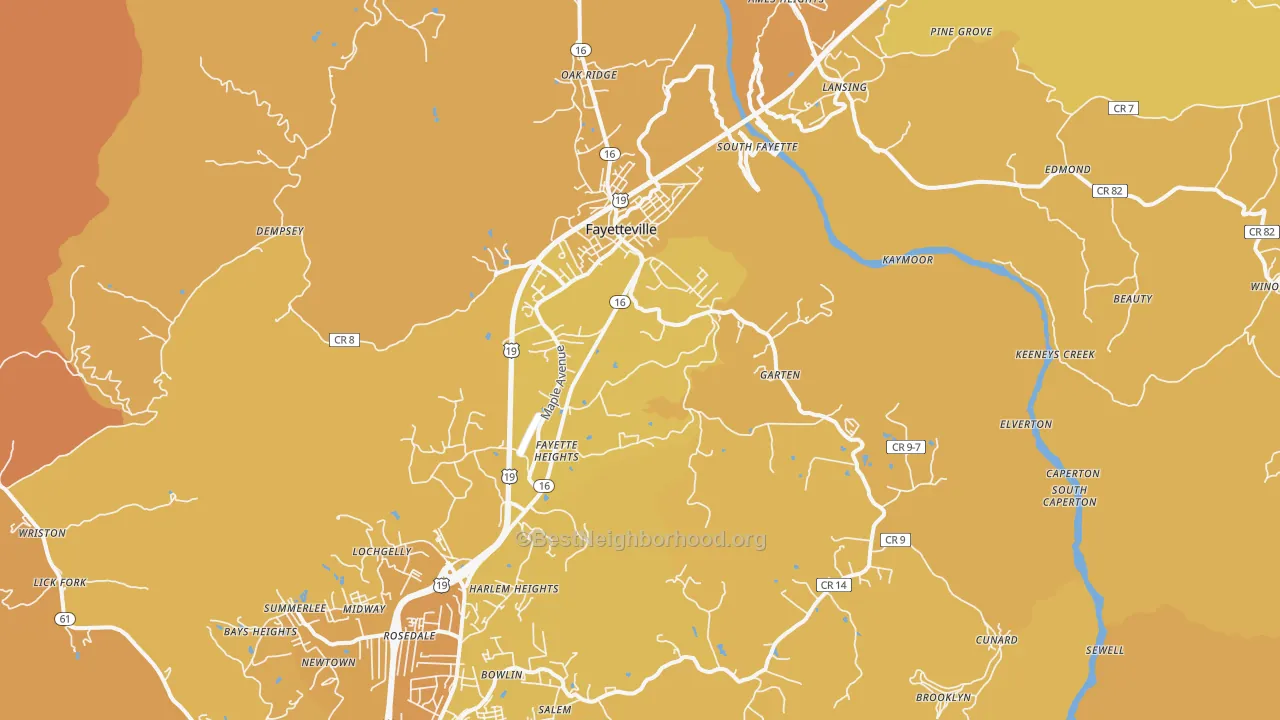 Map of the best neighborhoods in the Fayetteville area, with better matches in green and worse matches in red