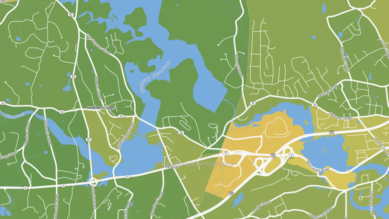 Map of the best neighborhoods in the Fayville area, with better matches in green and worse matches in red