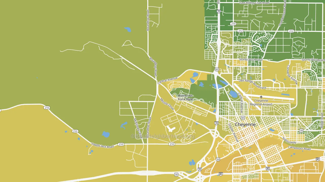 Map of the best neighborhoods in the Fe Warren Afb area, with better matches in green and worse matches in red
