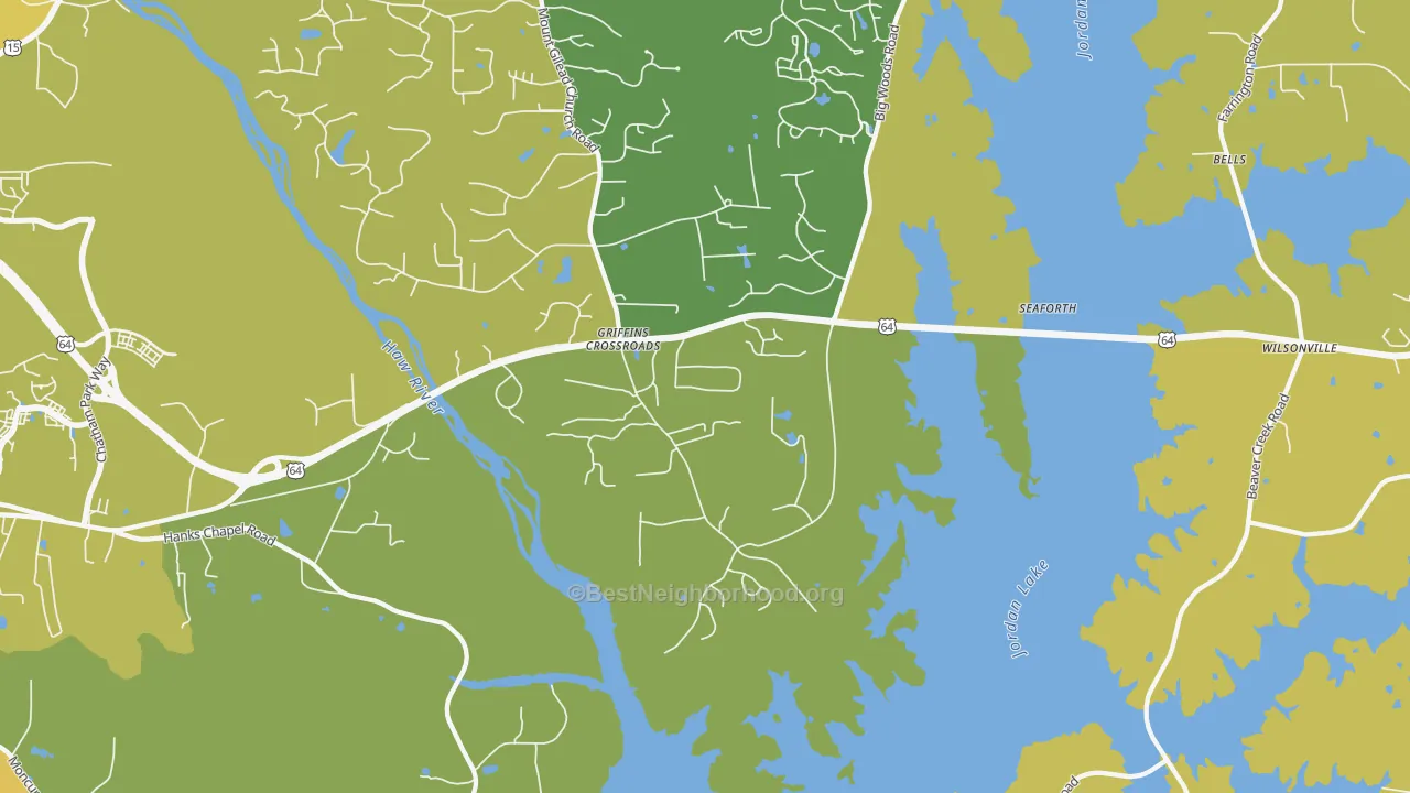 Map of the best neighborhoods in the Fearrington area, with better matches in green and worse matches in red