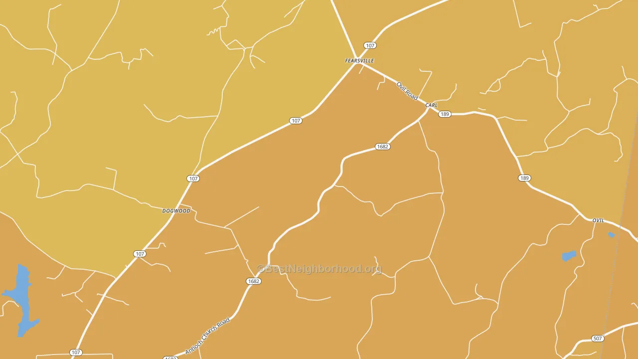 Map of the best neighborhoods in the Fearsville area, with better matches in green and worse matches in red