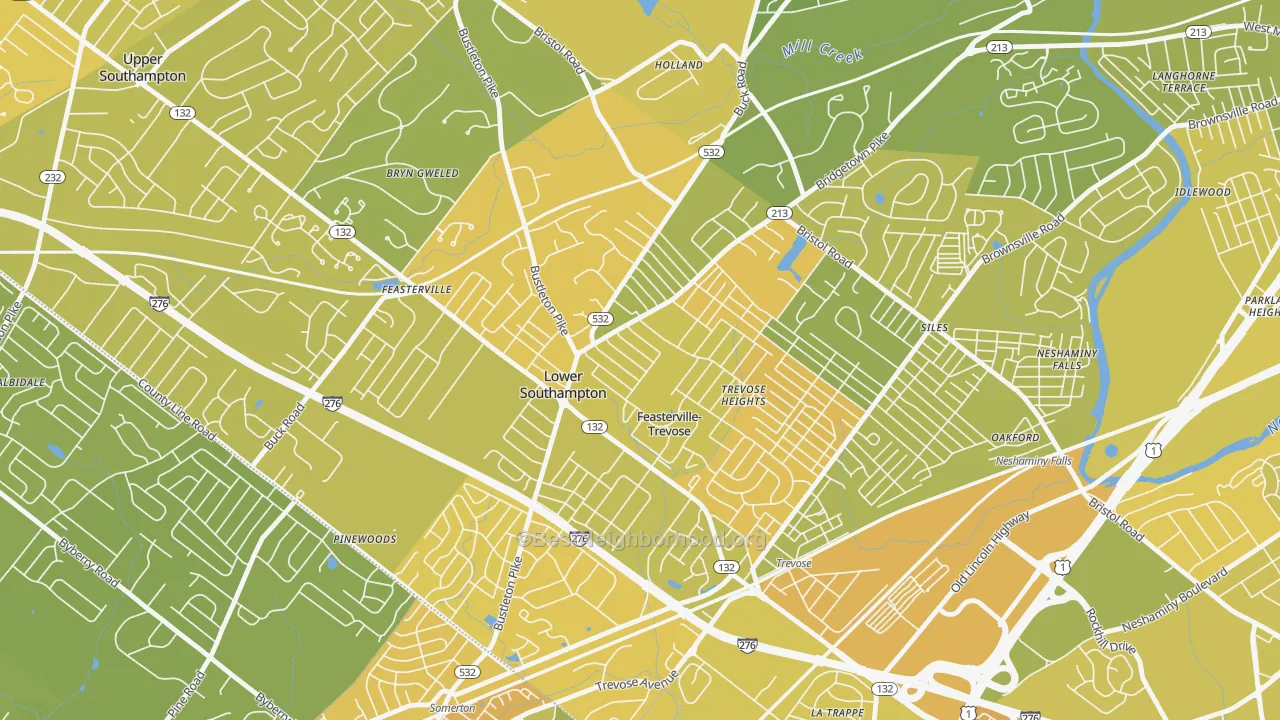 Map of the best neighborhoods in the Feasterville, Feasterville-Trevose area, with better matches in green and worse matches in red