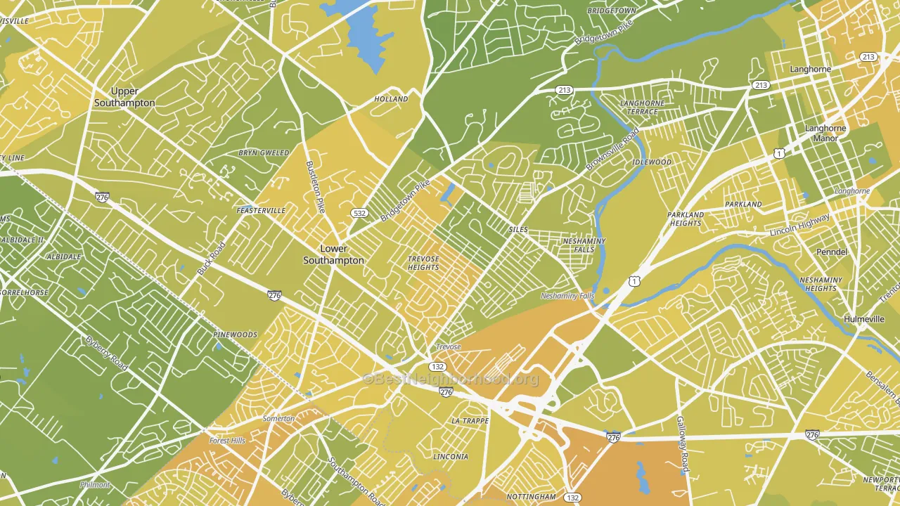 Map of the best neighborhoods in the Feasterville-Trevose area, with better matches in green and worse matches in red