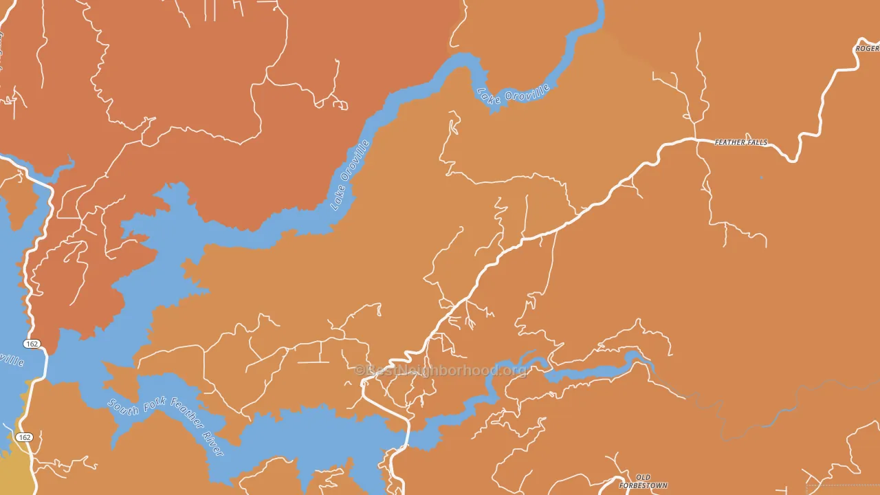 Map of the best neighborhoods in the Feather Falls area, with better matches in green and worse matches in red