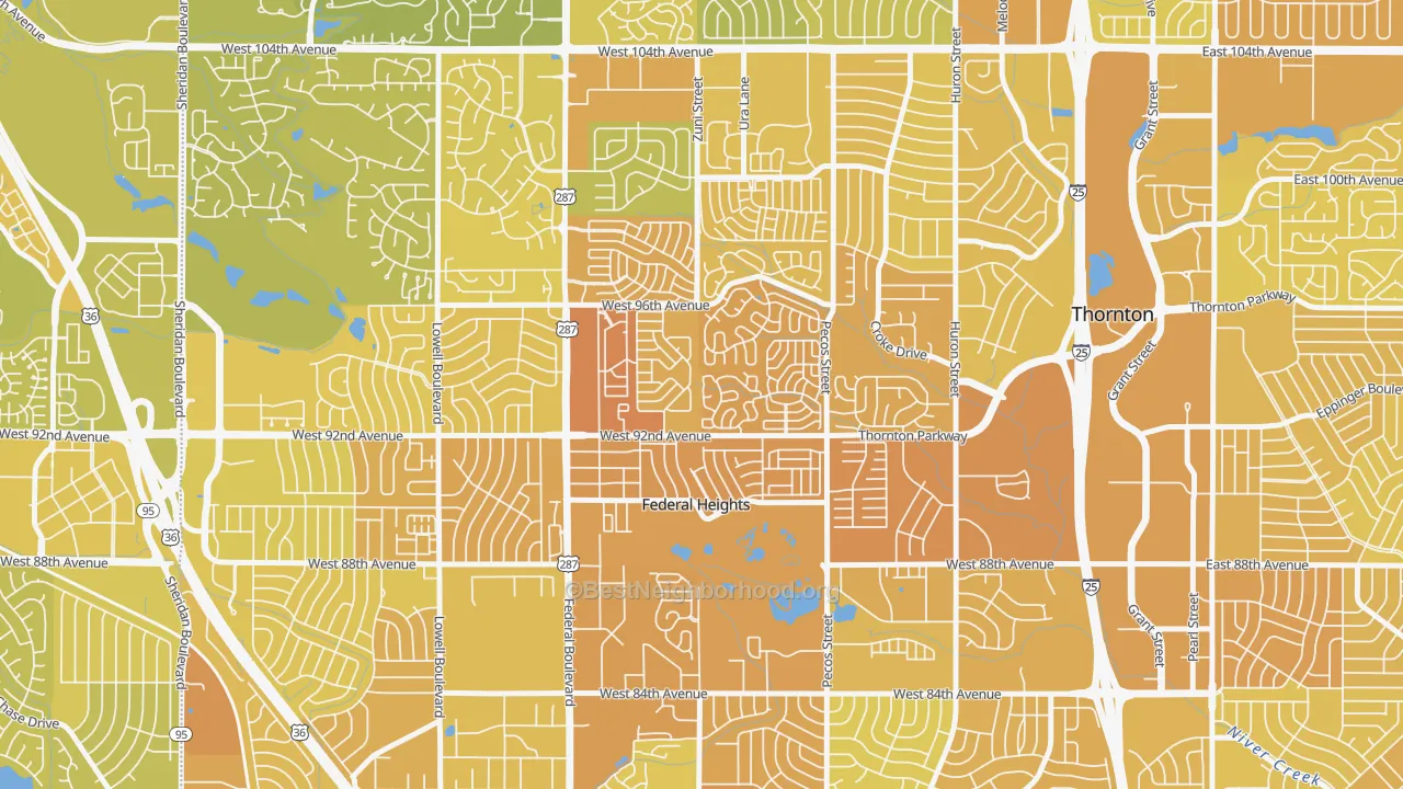 Map of the best neighborhoods in the Federal Heights area, with better matches in green and worse matches in red