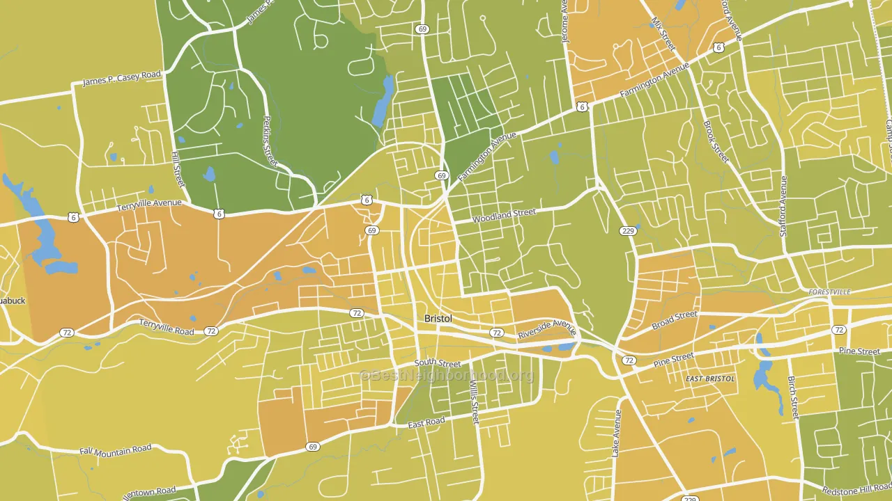 Map of the best neighborhoods in the Federal Hill Historic District, Bristol area, with better matches in green and worse matches in red