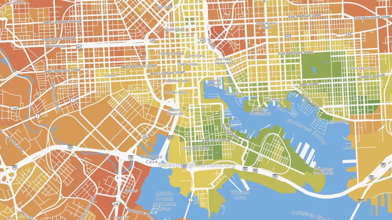 Map of the best neighborhoods in the Federal Hill-Montgomery, Baltimore area, with better matches in green and worse matches in red