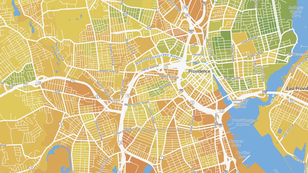 Map of the best neighborhoods in the Federal Hill, Providence area, with better matches in green and worse matches in red