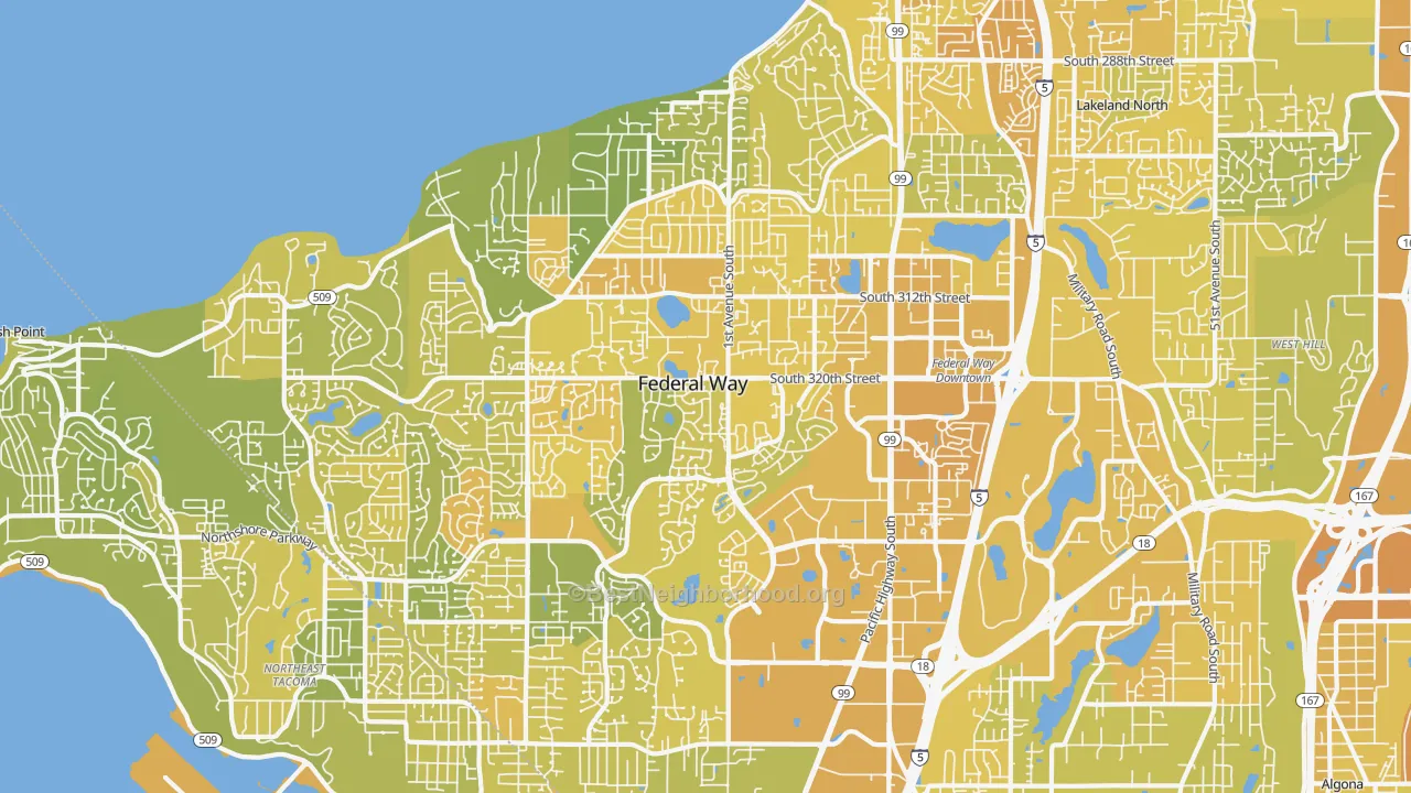 Map of the best neighborhoods in the Federal Way area, with better matches in green and worse matches in red