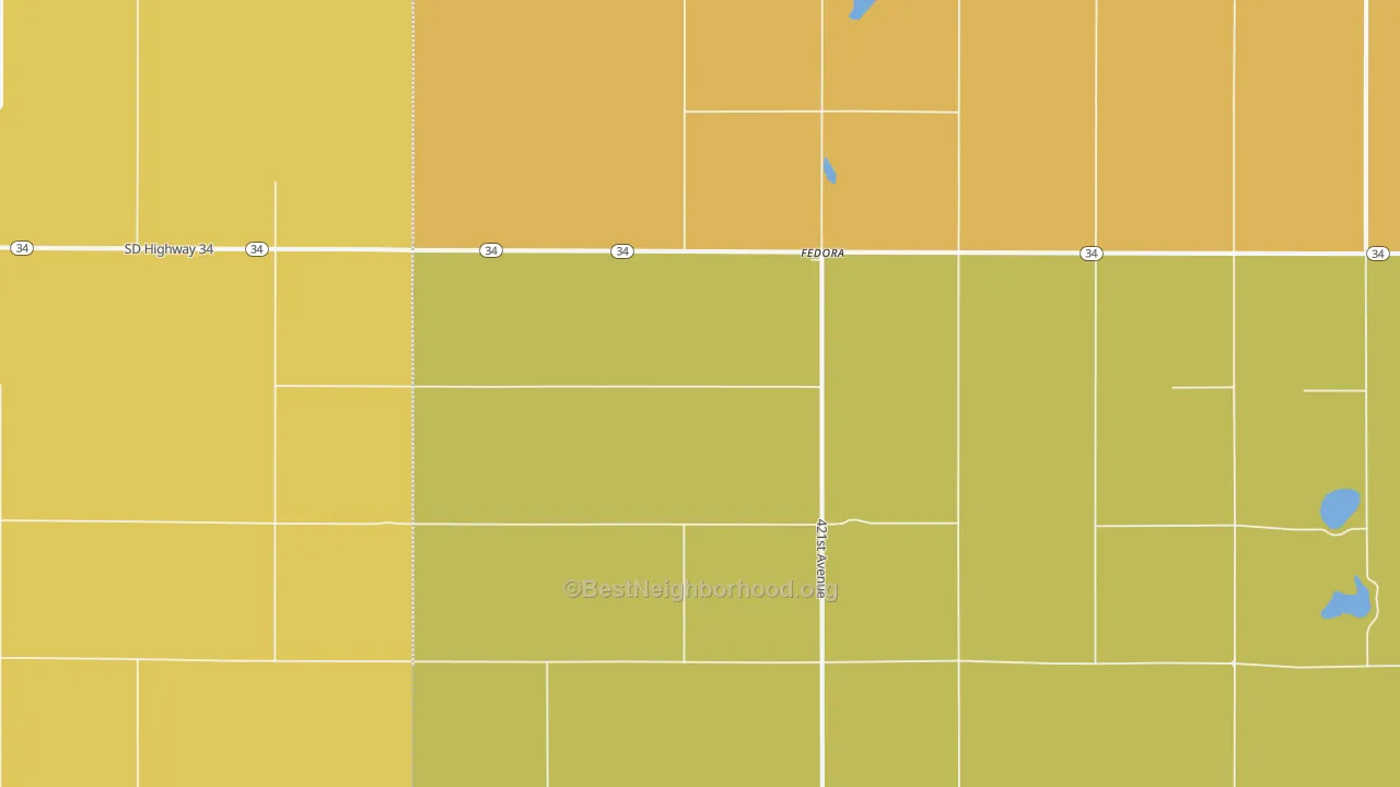 Map of the best neighborhoods in the Fedora area, with better matches in green and worse matches in red