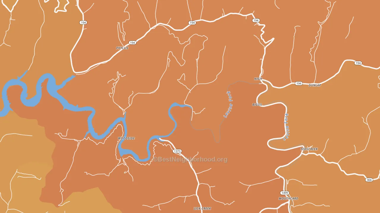 Map of the best neighborhoods in the Fedscreek area, with better matches in green and worse matches in red