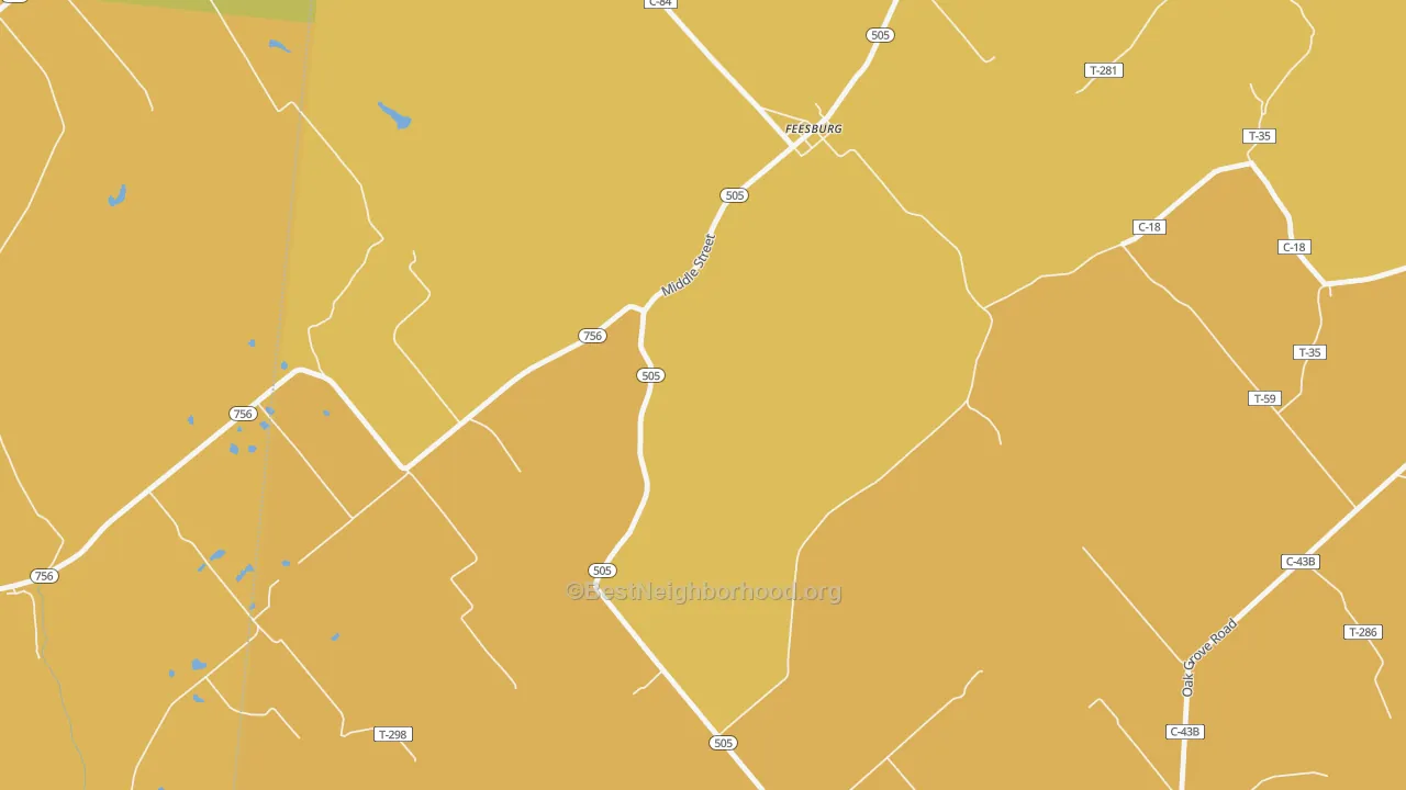 Map of the best neighborhoods in the Feesburg area, with better matches in green and worse matches in red