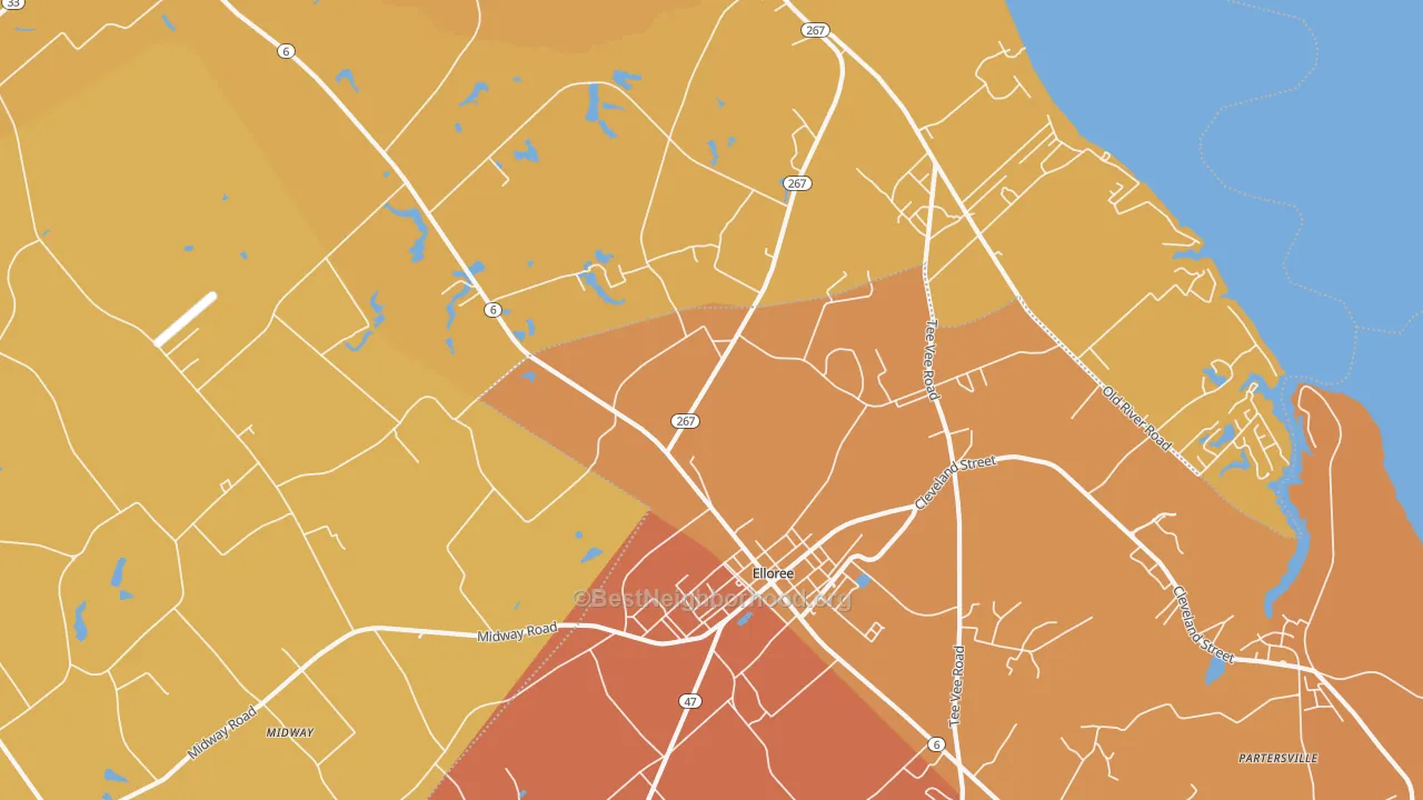 Map of the best neighborhoods in the Felderville area, with better matches in green and worse matches in red
