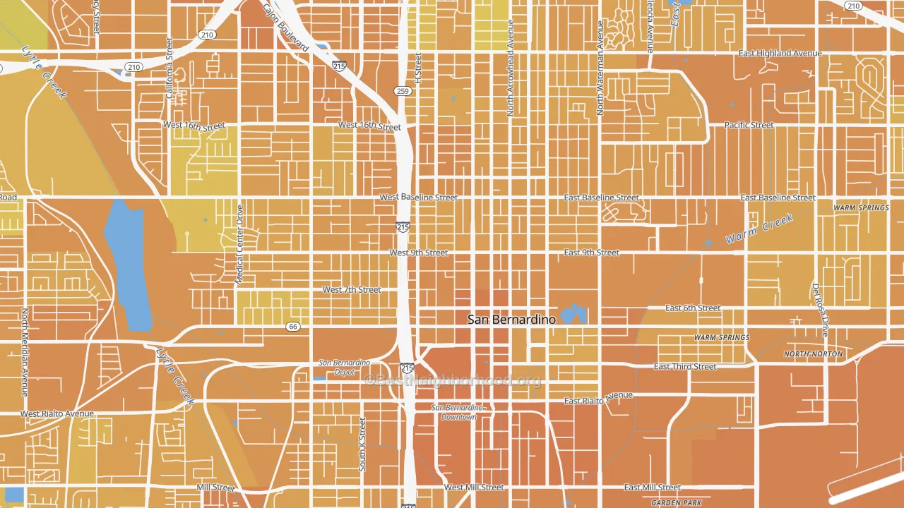 Map of the best neighborhoods in the Feldheym, San Bernardino area, with better matches in green and worse matches in red