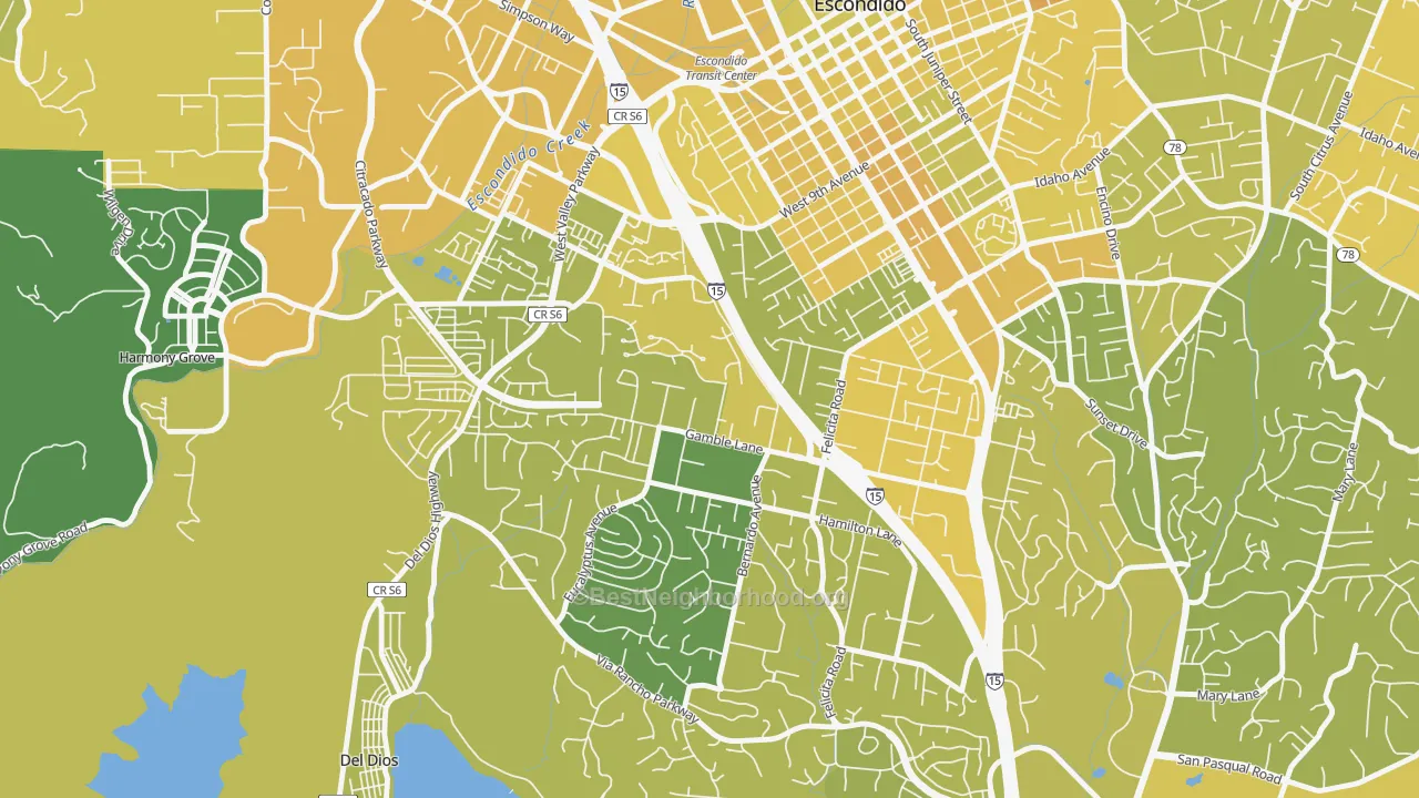 Map of the best neighborhoods in the Felicita, Escondido area, with better matches in green and worse matches in red