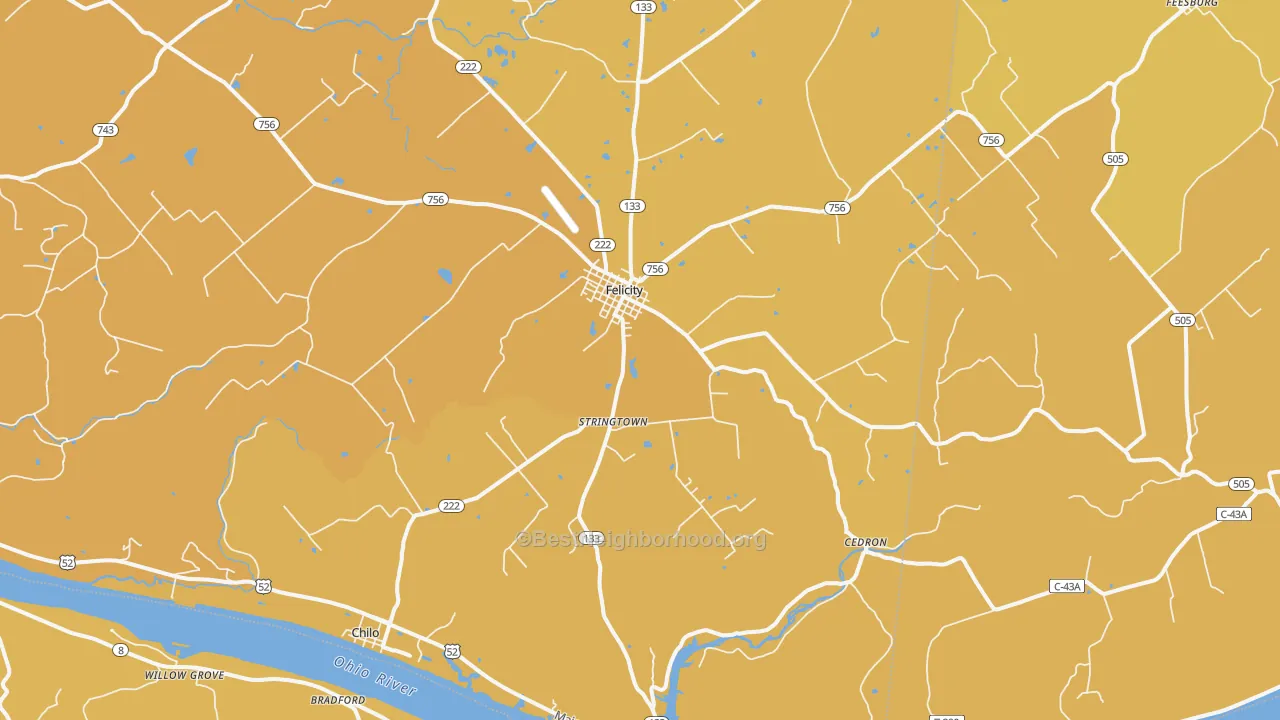 Map of the best neighborhoods in the Felicity area, with better matches in green and worse matches in red
