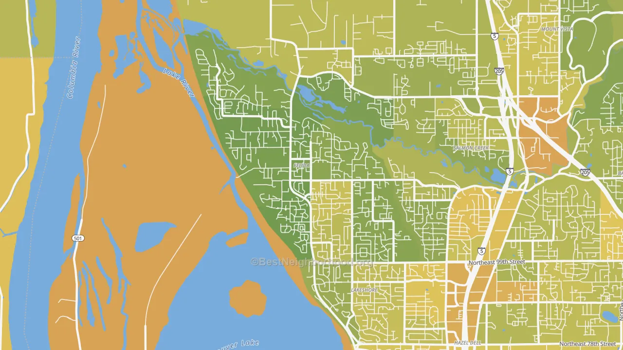 Map of the best neighborhoods in the Felida-Starcrest, Vancouver area, with better matches in green and worse matches in red