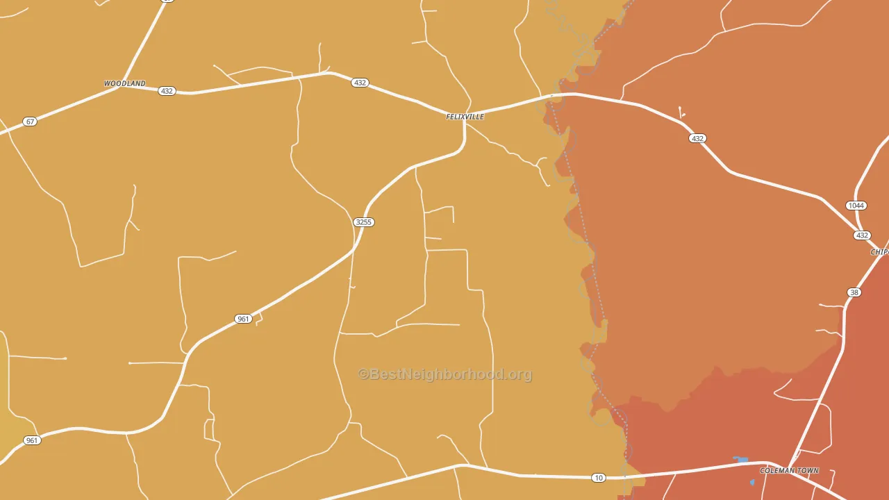Map of the best neighborhoods in the Felixville area, with better matches in green and worse matches in red