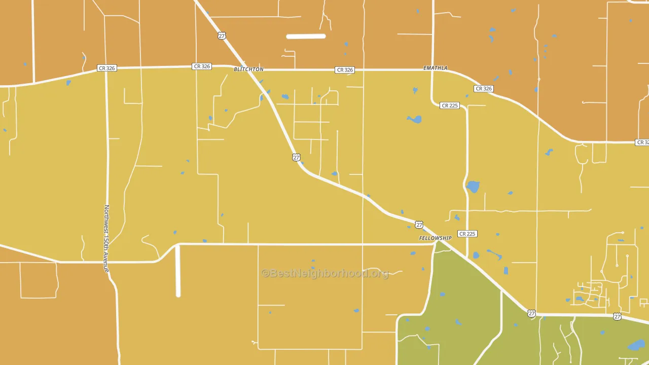 Map of the best neighborhoods in the Fellowship area, with better matches in green and worse matches in red