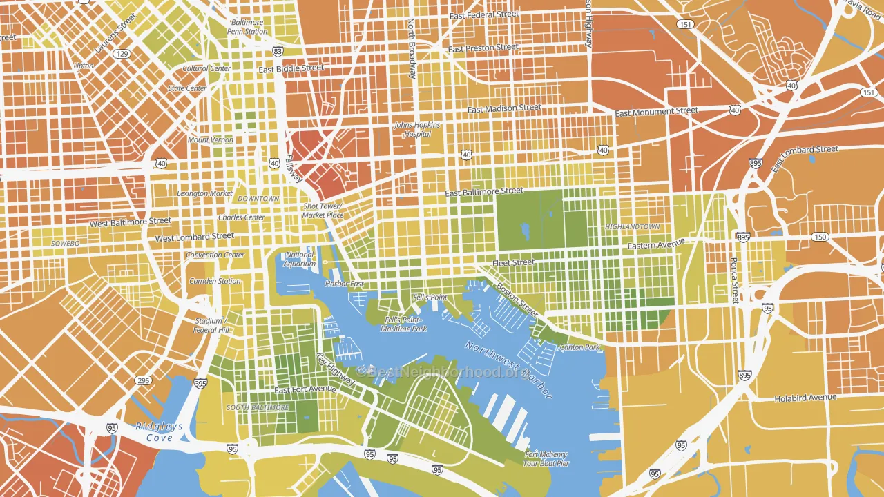 Map of the best neighborhoods in the Fells Point, Baltimore area, with better matches in green and worse matches in red