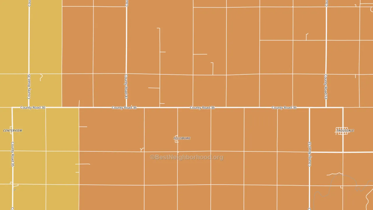 Map of the best neighborhoods in the Fellsburg area, with better matches in green and worse matches in red