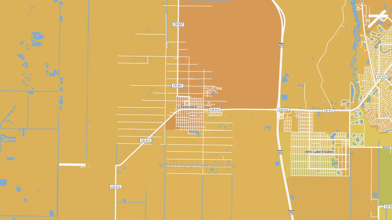Map of the best neighborhoods in the Fellsmere area, with better matches in green and worse matches in red
