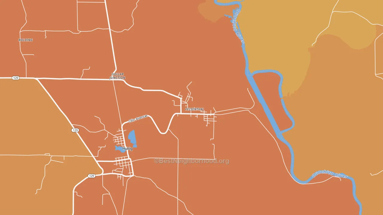 Map of the best neighborhoods in the Felsenthal area, with better matches in green and worse matches in red