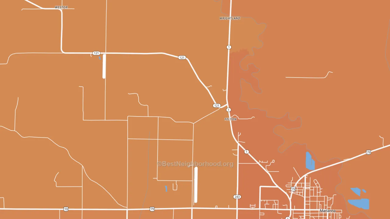 Map of the best neighborhoods in the Felton area, with better matches in green and worse matches in red