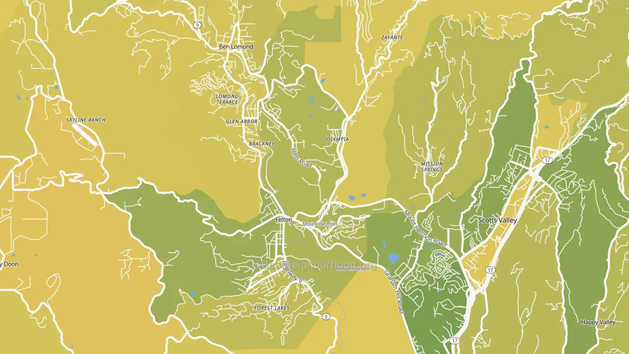 Map of the best neighborhoods in the Felton area, with better matches in green and worse matches in red