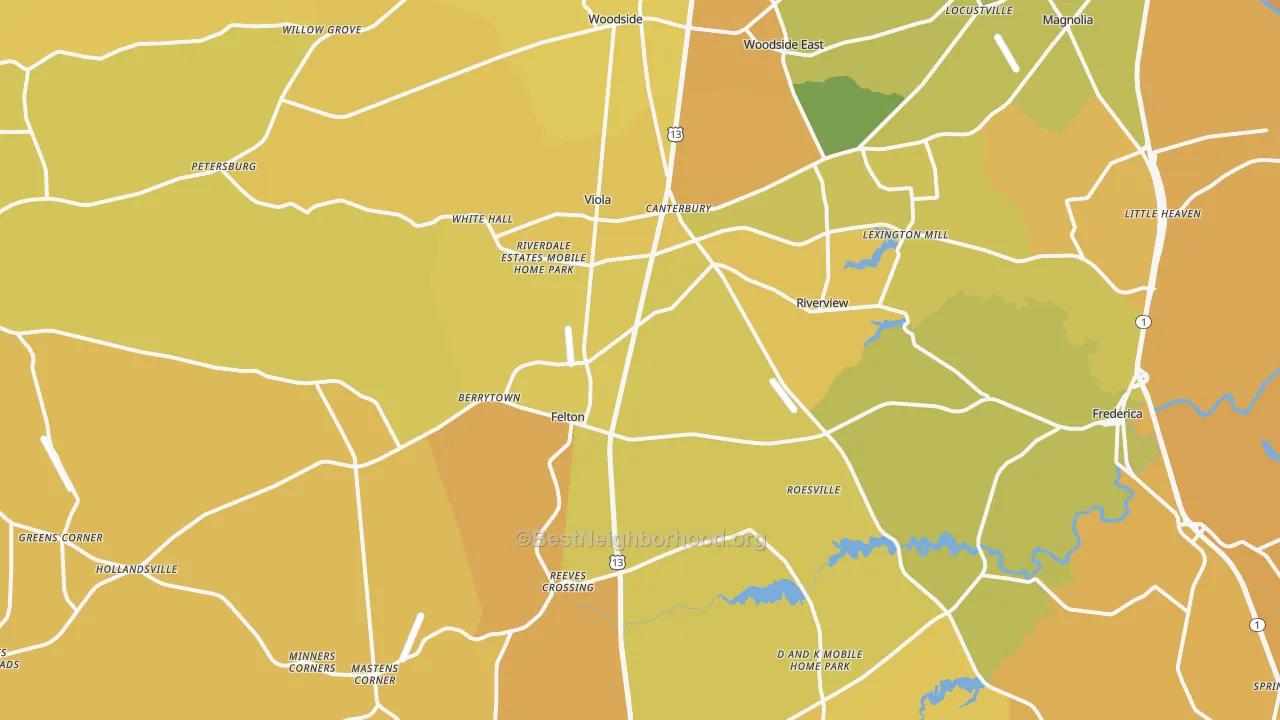 Map of the best neighborhoods in the Felton area, with better matches in green and worse matches in red