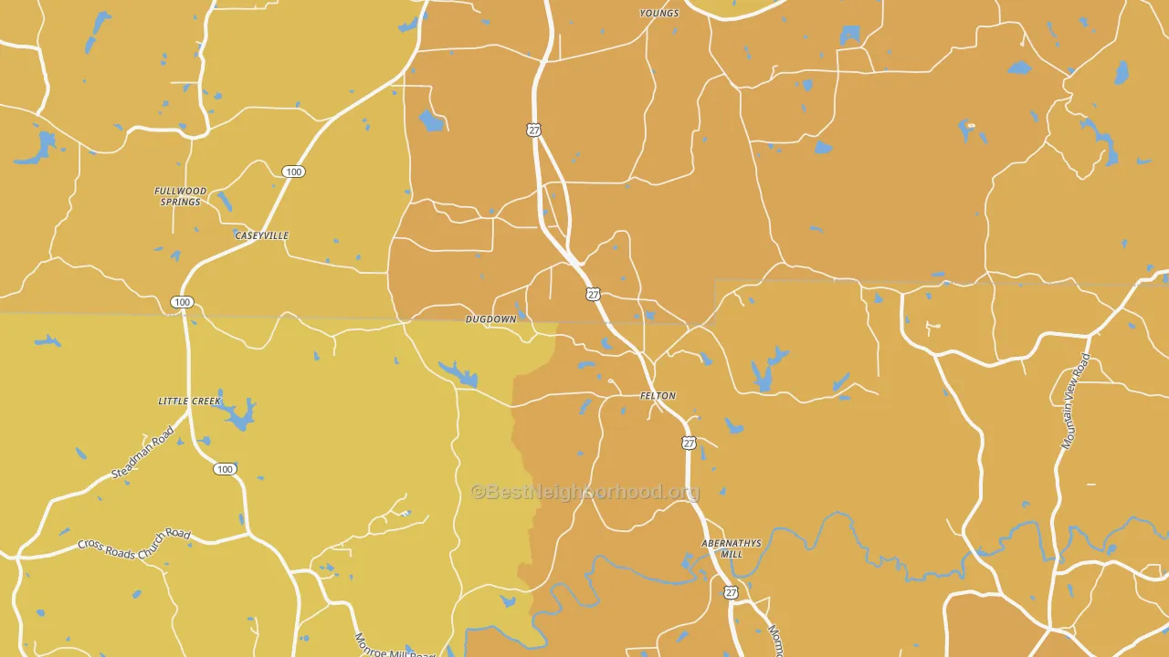 Map of the best neighborhoods in the Felton area, with better matches in green and worse matches in red